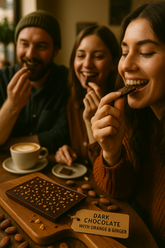 Three people enjoying dark chocolate with orange and ginger, with a focus on the product label.